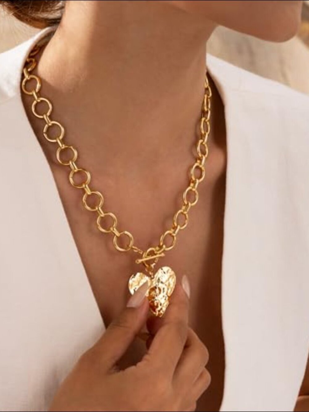 14K Yellow Gold Chunky Heart Pendant Necklace with Toggle Clasp - Picture 4 of 5